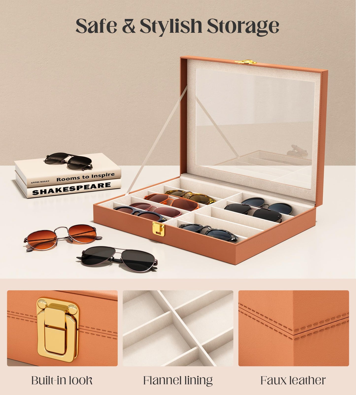 sensok Sunglasses Organizer Storage Box - 10 Slots Eyeglass Display Case for Multiple Pair Glasses, Sunglass Holder with Clear Glass Lid, Jewelry and Watch Collection Box for Women and Men, Brown