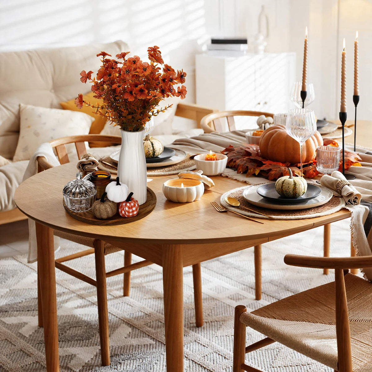 Pinkunn 10 Pcs Fall Wooden Decorative Tray Set with Round Wood Tray Scented Candles Burlap Faux Pumpkin Glass Pumpkin Sugar Bowl Artificial Fake Flowers Vase Autumn Decor Set for Thanksgiving Home