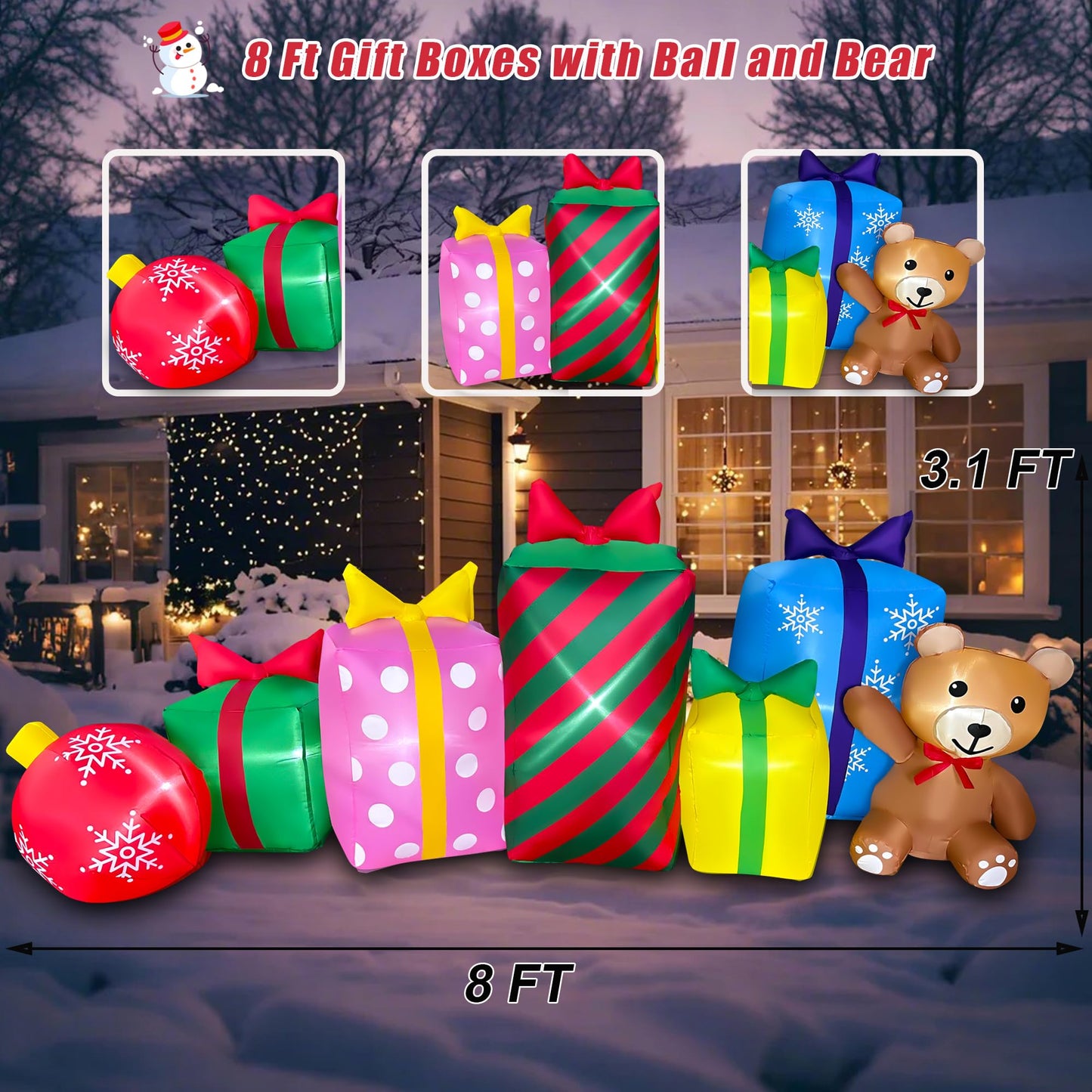 SEASONBLOW 8 FT Christmas Inflatable Gift Boxes with Ball and Bear Decoration, Xmas Blow Up LED Lighted for Lawn Yard Garden Home Indoor Outdoor Holiday Party Decor
