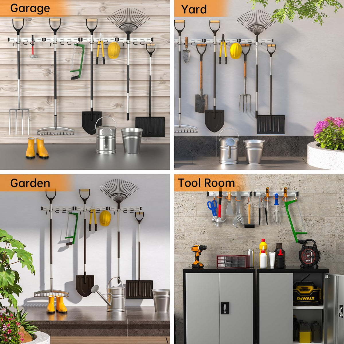 HUPBIPY 69'' Aluminum Alloy Garden Tool Organizer Wall Mount Garage Organizers and Storage with Hooks Tool Hangers for Shed Hooks for Shovel, Rake, Broom & More