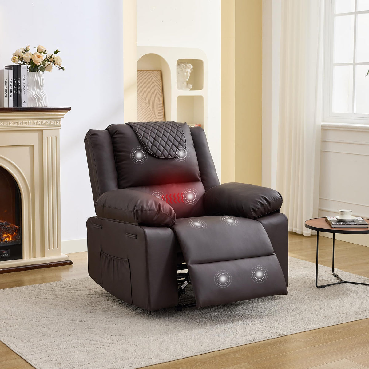 Adult Manual Recliner with Heating and Massage Functions (135° Front and Rear Adjustment) - Equipped with Side Storage Pockets and Remote Control, Suitable for Living Room and Bedroom(Coffee)