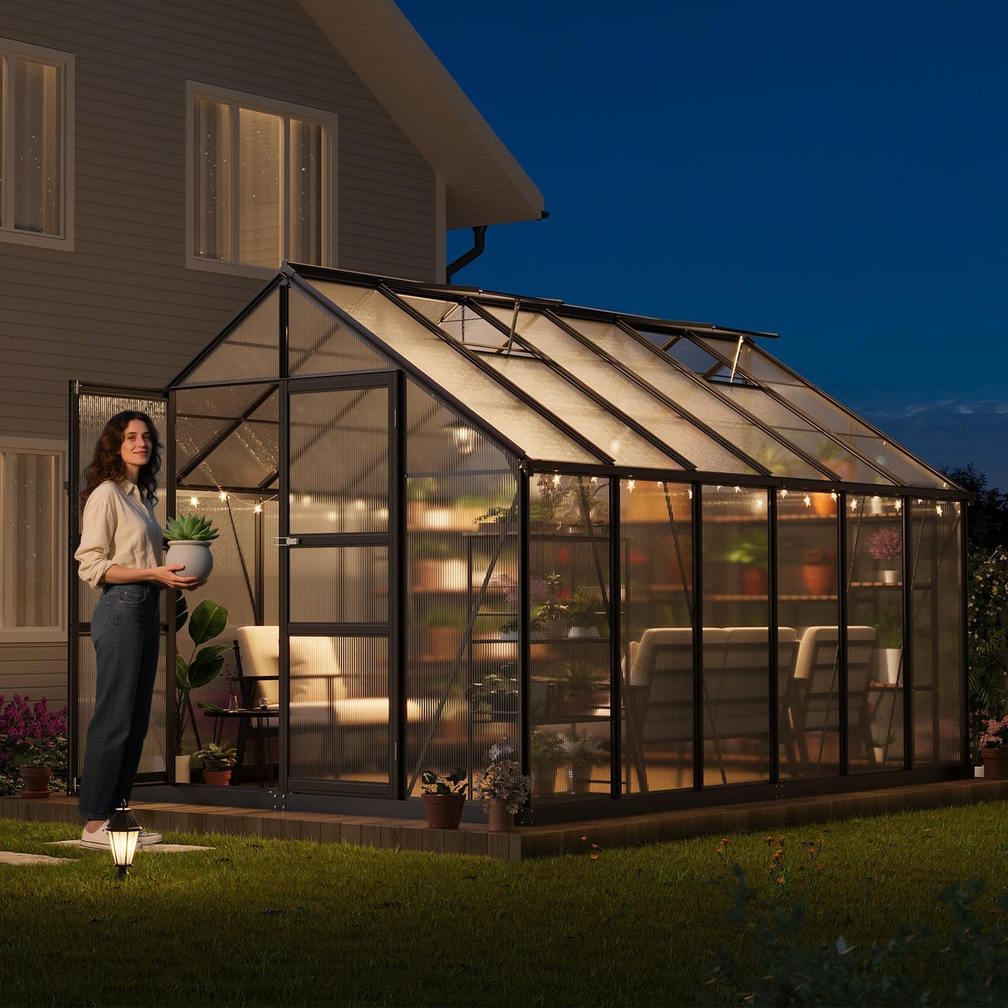 12x8 ft Outdoor Walk in Greenhouse,Polycarbonate Green House Vented Roof Window,Heavy Duty Greenhouse with Aluminum Frame for Backyard Patio Gardening