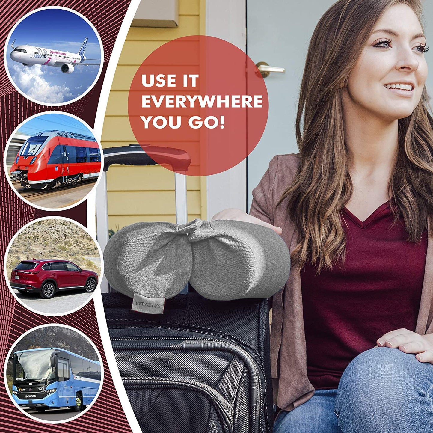 EPROICKS Travel Pillow Twist memory Foam Neck Pillow for Travel, Airplane, Buses, Trains at Home, Chin, Lumbar Leg Support, Bendable Roll Pillow (gray)
