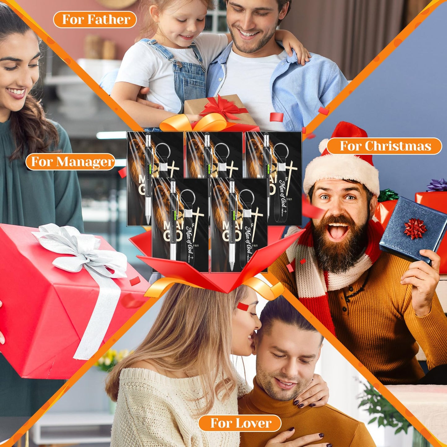 Quelay 30 Set Fathers Day Church Gifts Bulk Man of God Christian Gifts for Men 6 in 1 Multi Tool Pen with Silicone Keychain Religious Cards Multi Tool Gadget for Coworker Sunday School Pastor