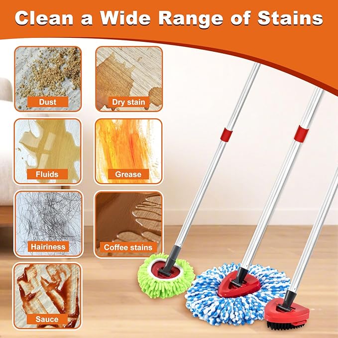 2 Microfiber Mop Head Refills and 2 Chenille Mop Pads, 1 Upgrade Scrub Brush 1
