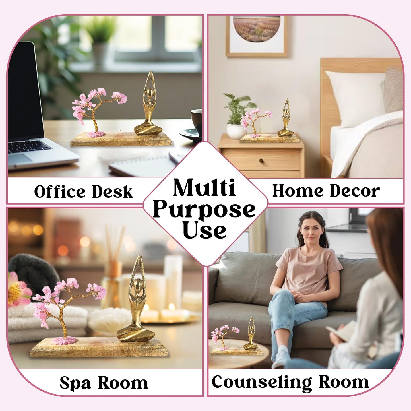 HOME INFINIX Rose Quartz Crystal Tree with Golden Yoga Figurine โ Handmade Bonsai Gemstone Tree on Wooden Base for Healing & Positivity, Meditation, Feng Shui, Reiki, Spiritual Home Decor, Zen Gift