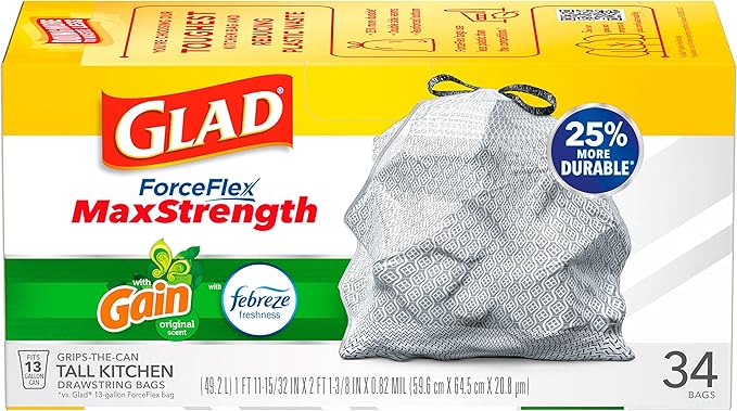 Glad Tall Kitchen Trash Bags 13 Gallon, Gain Original Garbage Bags, Odorshield