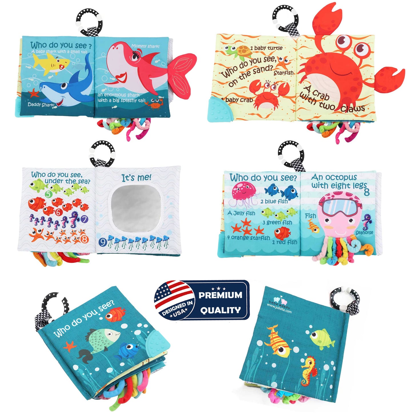 Fish Baby Books Toys, Touch Feel Cloth Crinkle Books for Babies,Baby Infant Toys 0-6, 6-12, 12-18 Months,Early Learning Education Toys,Shower Baby Gifts for Boys Girls,Teething,Mirror,Shark Ocean Book