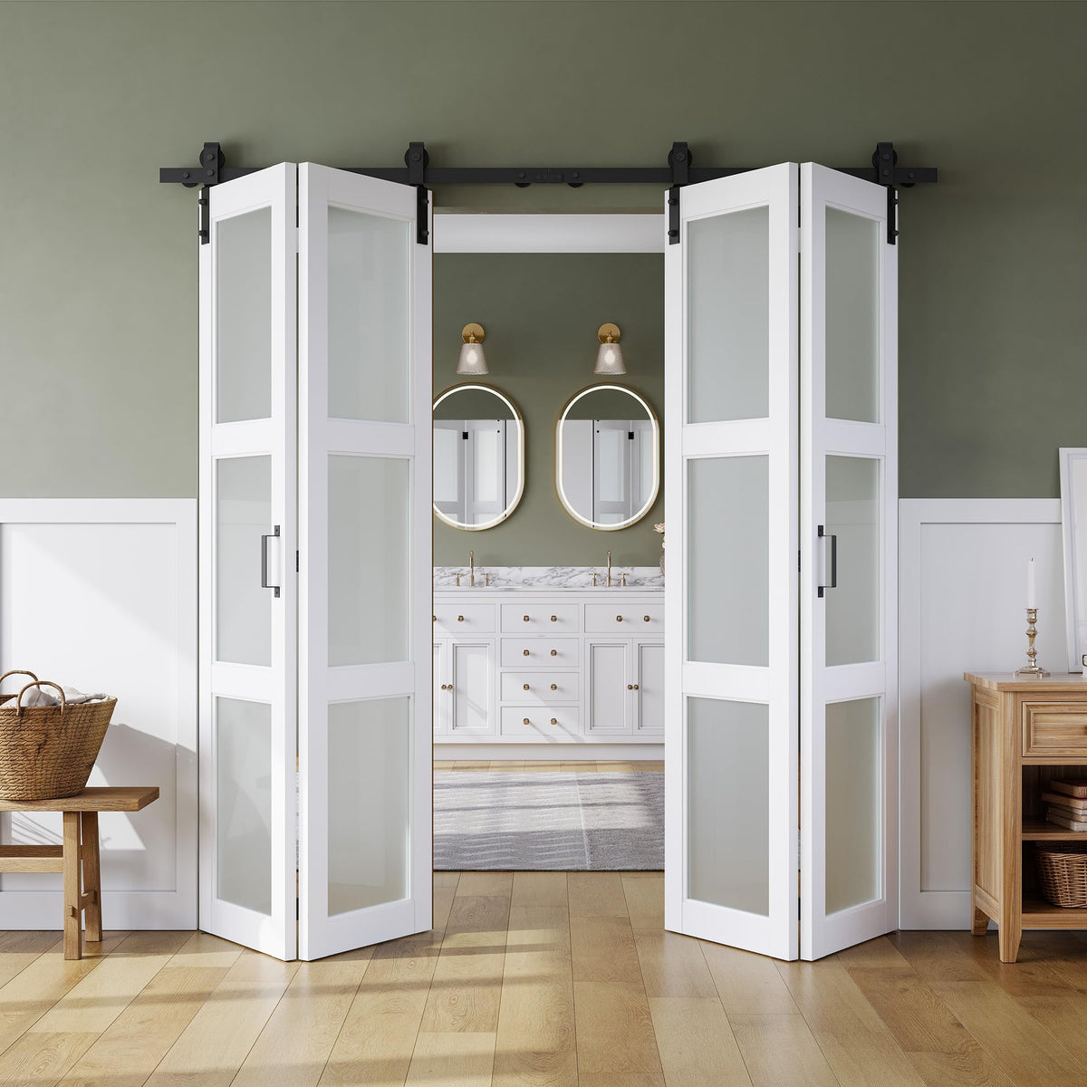 SMARTSTANDARD 80in x 84in Bifold Barn Door, Frosted Glass Barn Door with Hardware Kit Included, Pre-Drilled Holes Easy Assembly -Solid Barn Doors Slab Covered with Water-Proof PVC Surface, White