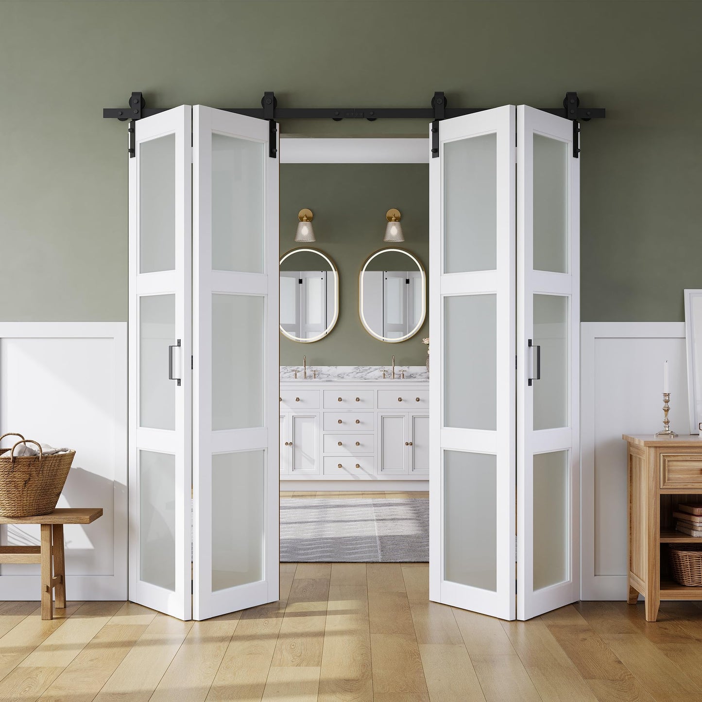 SMARTSTANDARD 56in x 84in Bifold Barn Door, Frosted Glass Barn Door with Hardware Kit Included, Pre-Drilled Holes Easy Assembly -Solid Barn Doors Slab Covered with Water-Proof PVC Surface, White