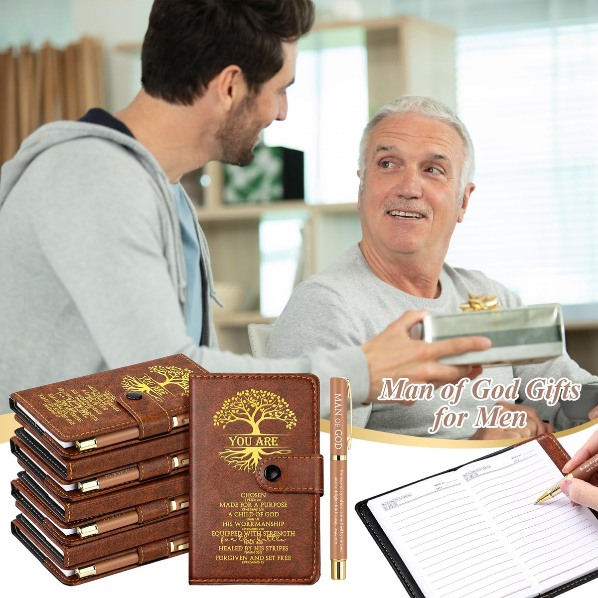 Thenshop 20 Set Christian Gift Man of God Leather Prayer Journal Religious Church Notebook Tree of Life Notepad with Pen Baptism Gift for Pastor Dad Men Women Mothers Fathers Day (Brown)