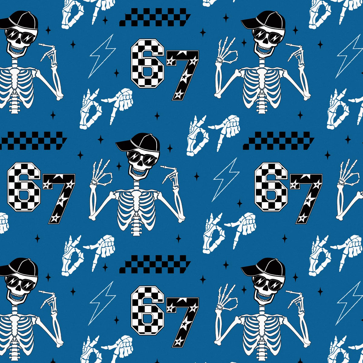 RUSPEPA 67 Skeleton Wrapping Paper Roll, Mini Roll, Blue Cool Street Style 67 Meme Design with Skeleton, Checkered & Lightning, Funny Gift Wrap for Kids, Boys, Teens, Birthday, 17 Inches x 16.4 Feet
