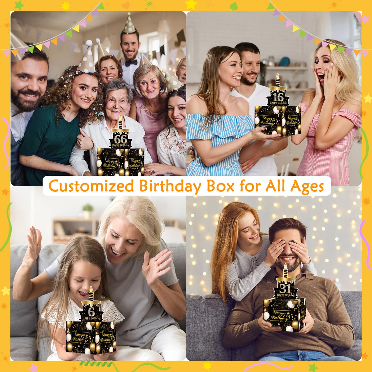 Meiidoshine Birthday Money Gift Box with DIY Stickers for Any Age, Surprise Money Boxes for Cash Gift with Pull Out Happy Birthday Day Card and 50Pcs Transparent Bags