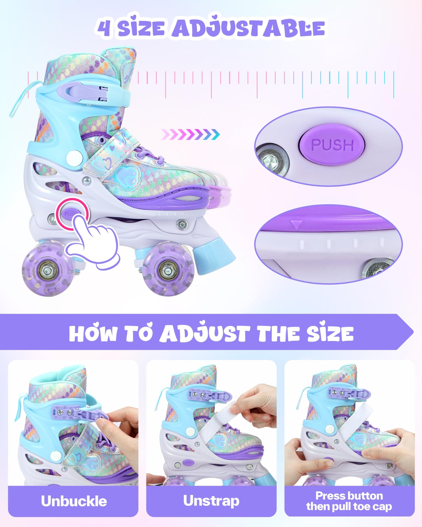 Sportneer Adjustable Kids Roller Skates with Light Up Wheels, 4 Sizes Fit for Girls Boys Ages 5–12, Fun Outdoor Indoor Quad Skates for Beginners, Safe Gift Set with Protective Gear Included