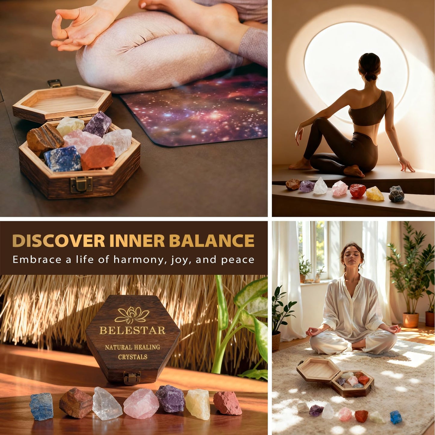 BELESTAR 7 Chakra Healing Crystals Set - Large Raw Stones Energy Alignment Kit with Wooden Gift Box & Guidebook