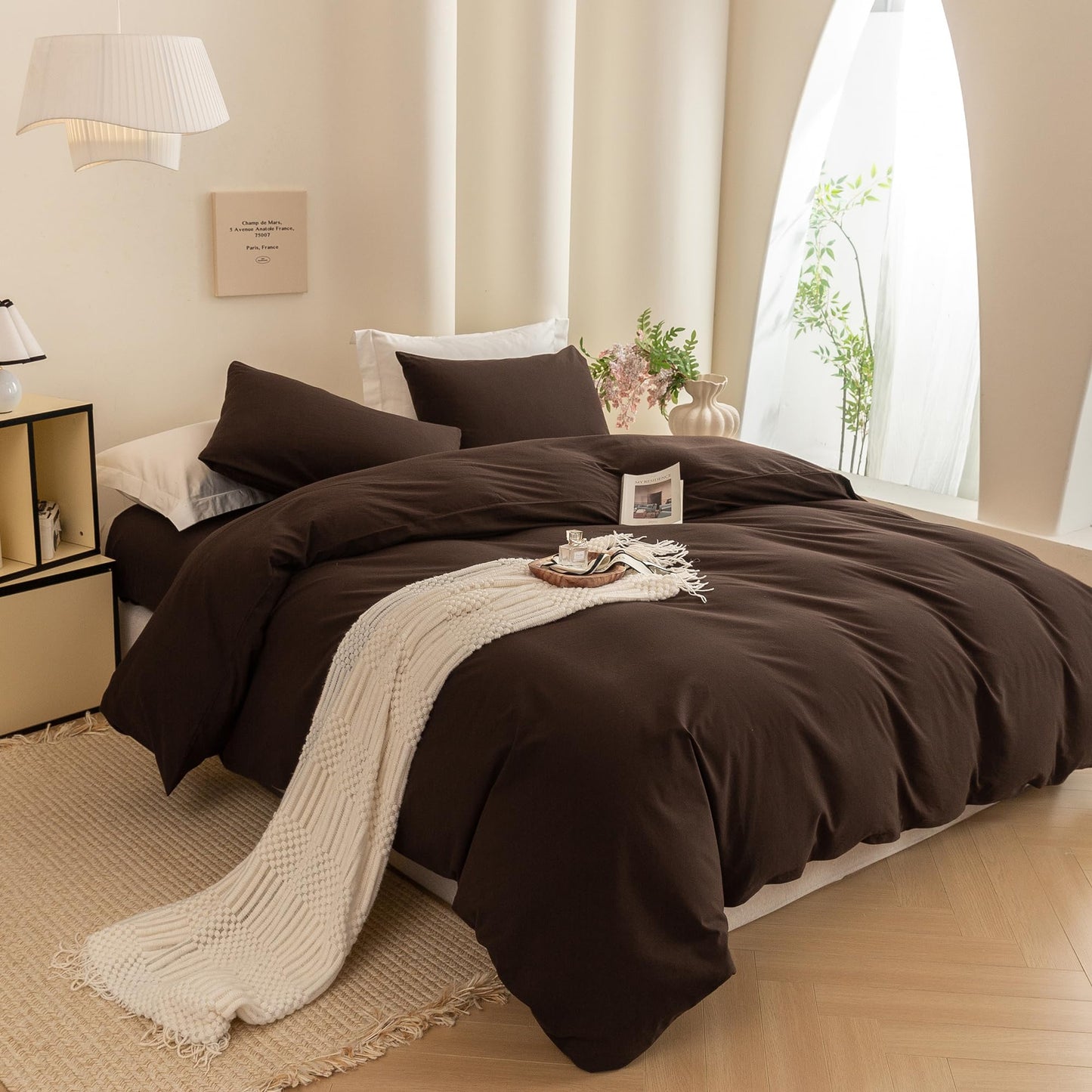 ECOCOTT Duvet Cover Queen Size -100% Washed Cotton Linen Like Textured Breathable Durable Soft Comfy Bedding Set with Zipper Closure & Corner Ties (Cocoa Brown, 90"x90")