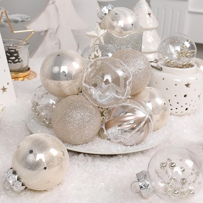 SY Super Bang 30PCS Champagne Christmas Ornaments Set, 60MM/2.36" Clear Plastic Shatterproof Ball Ornaments for Christmas Tree Hanging Decorations, for Home Holiday Party Xmas Decor.