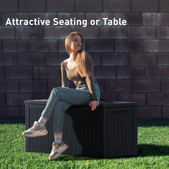 DRATO 200 Gallon Deck Box, Waterproof Resin Large Outdoor Storgae Box for Patio Furniture, Patio Cushions, Gardening Tools, Pool Supplies, Lockable(Black,200 Gallon)