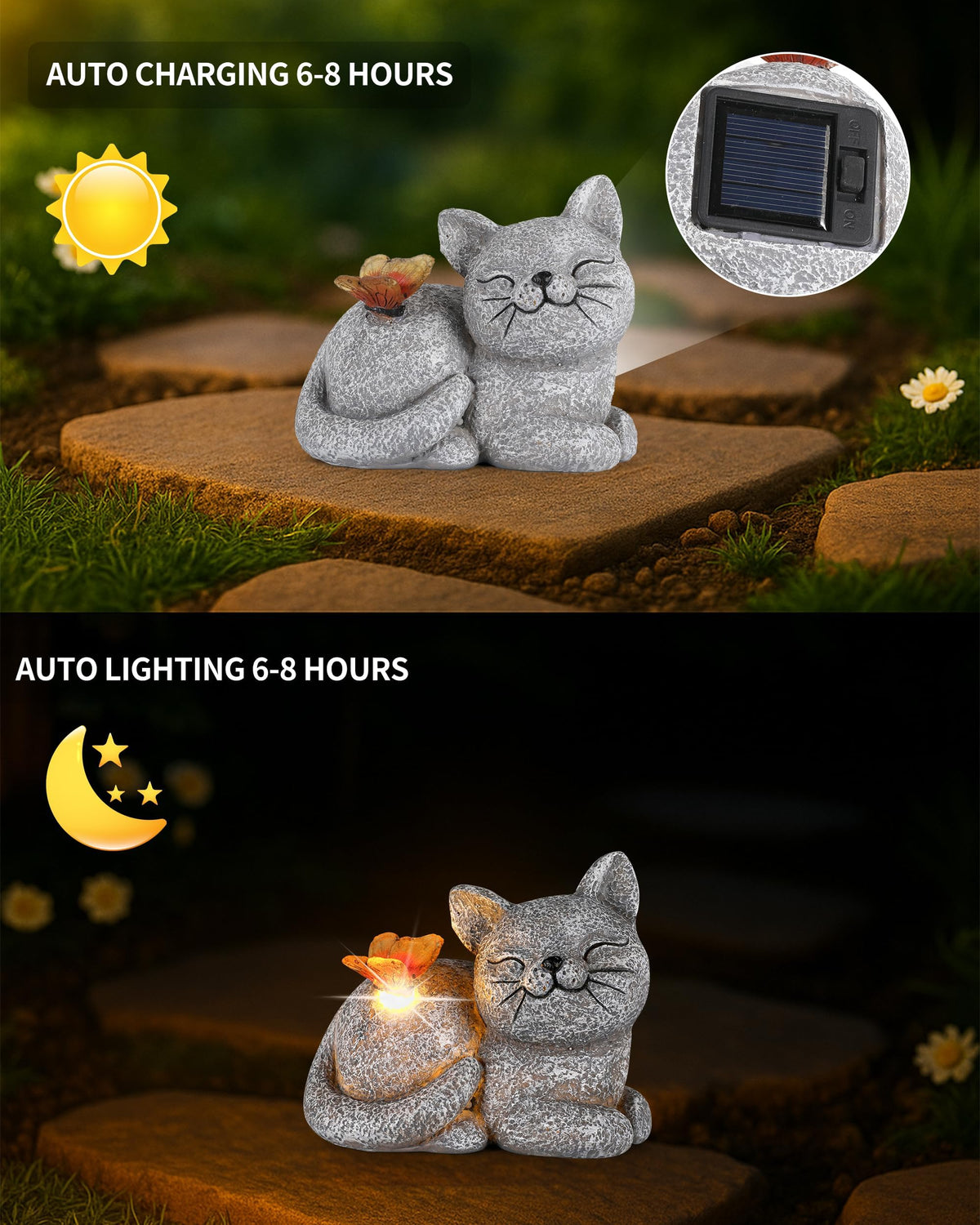 GoGnome Solar Cat Garden Statue with Butterfly Light – 5-Inch Outdoor Resin Figurine for Yard, Patio, Balcony – Gifts for Women, Garden Decor Accent (Cat)