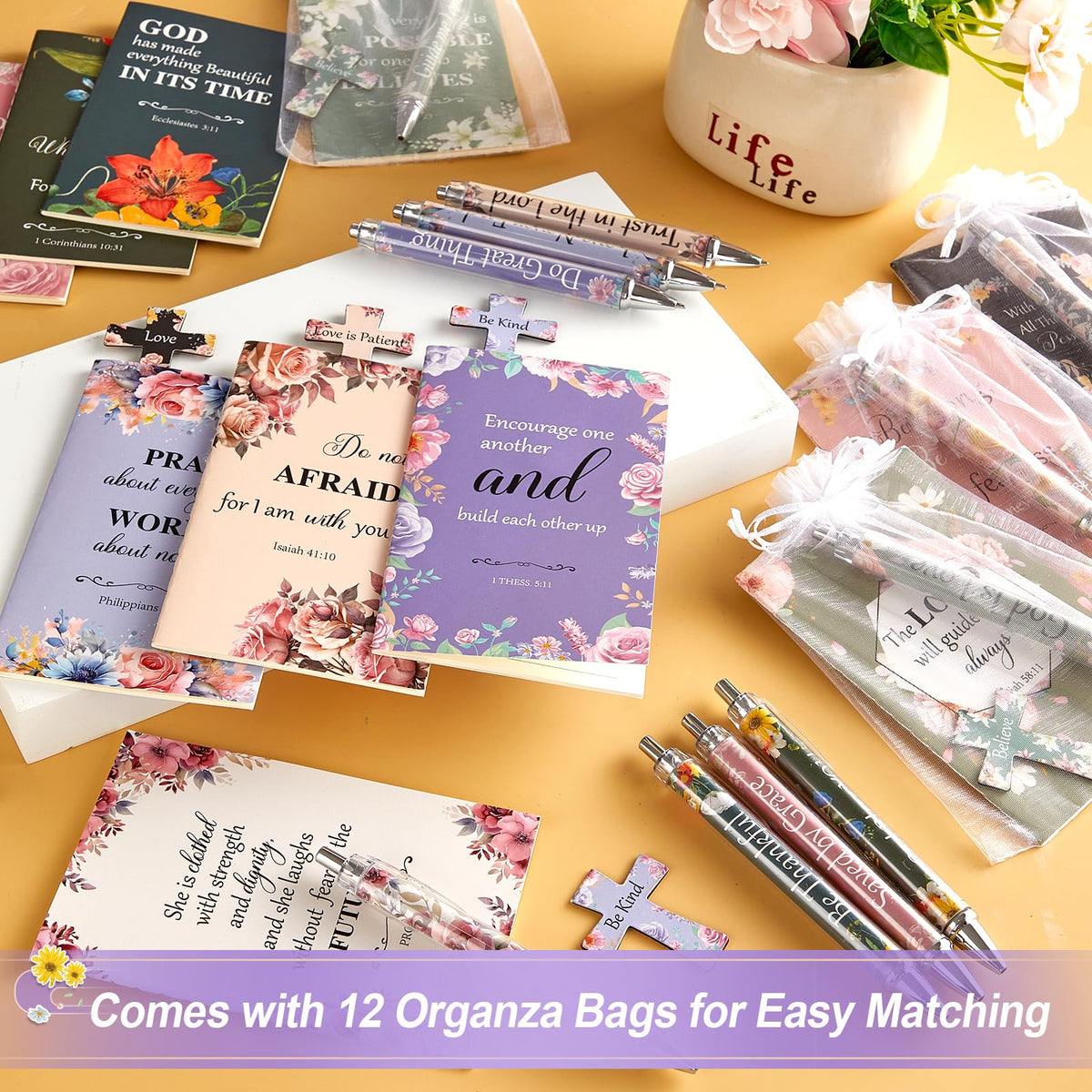 48 Pcs Christian Bulk Gifts for Women Include Bible Verse Notebook Scripture Pen Magnetic Cross Bookmark Organza Bag Inspirational Religious Journal for Church Sunday School Easter Mothers Day Prizes
