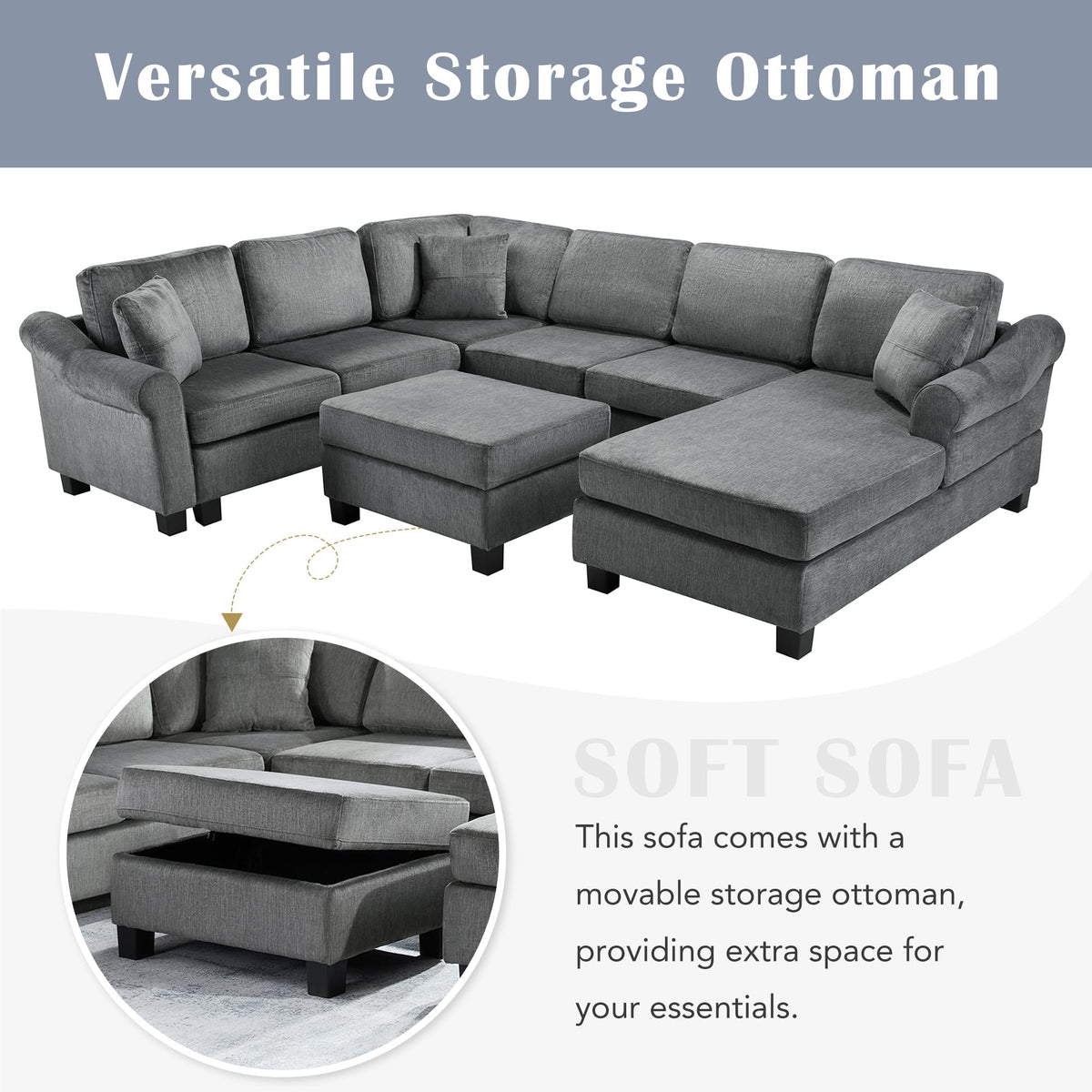 ERYE 112-Inch U-Shaped Sectional Sofa with Movable Storage Ottoman, Oversized Chenille Upholstered Corner Modular Sofa Couch W/Right Facing Chaise Lounge and 3 Toss Pillows