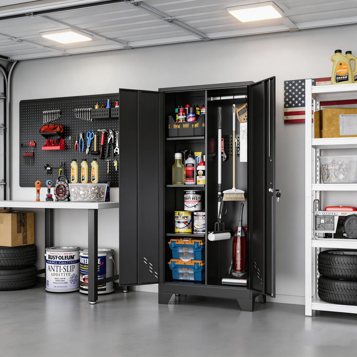 OSKEBABO Broom Closet Storage Cabinet, Garage Storage Cabinet with Pegboard & Hanging Rod, Tool Organizer Steel Lockers for Garage, Laundry Room, Home Office, 61" Hx 27.7" Wx13.8 D