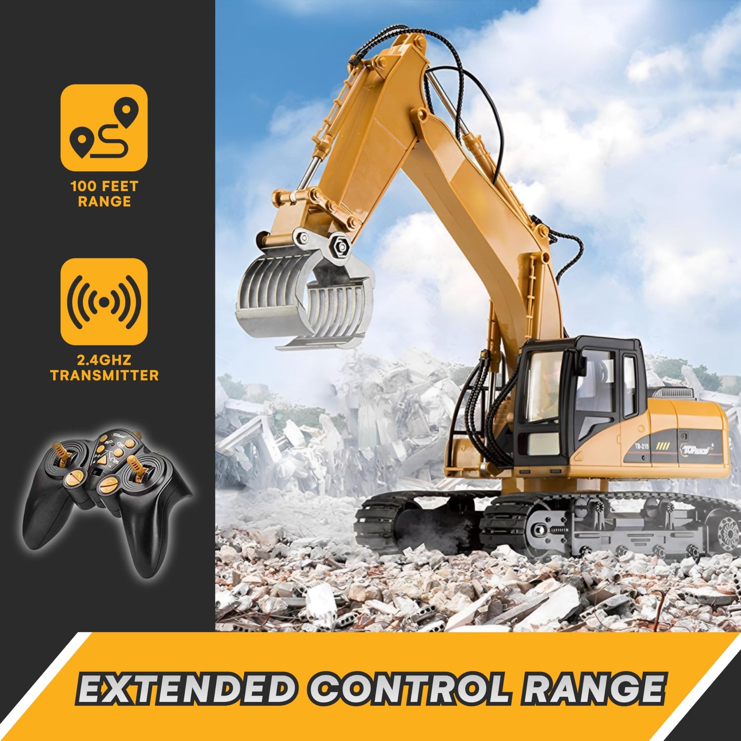 Top Race Remote Control Digger Excavator 15 Channel Professional 1:14 Construction Toy with Lights and Sound - Boys and Girls, Age 12+