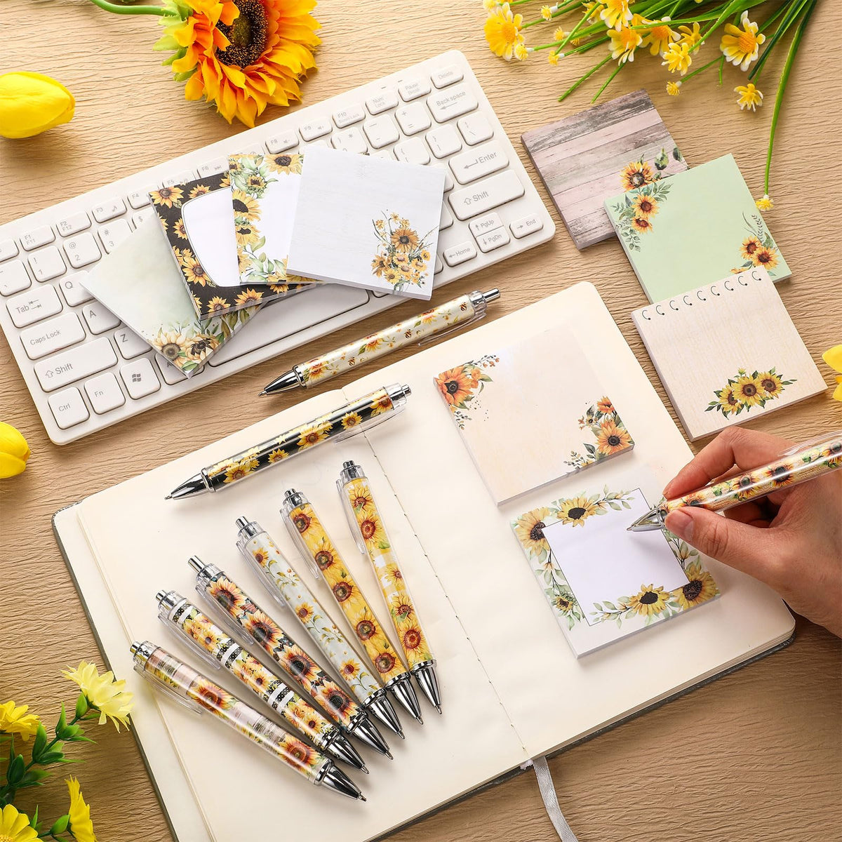 Saypacck 18 Pcs Sunflower Desk Accessories, 9 Pads Cute Sticky Notes, 9 Kawaii Pens, 3 x 3 Inches Notepads Memo Pad for Office Supplies Meeting Students School Decor Teacher Gifts