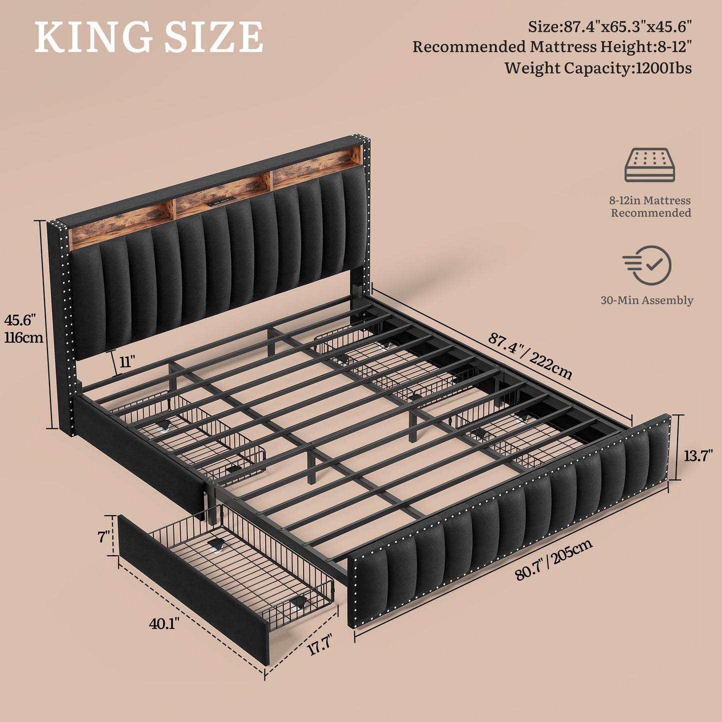 DWVO King Size Bed Frame with 4 Storage Drawers and RGB LED Lights, Velvet Upholstered Platform Bed with Charging Station and Bookcase Storage Headboard, No Box Spring Needed, Easy Assembly, Black