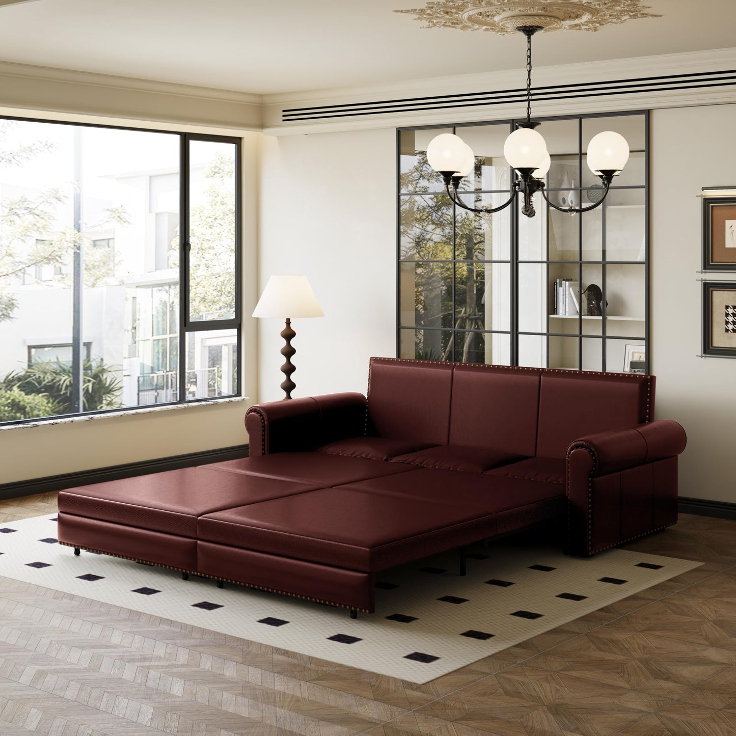 KEIKI 94" Chesterfield Sofa with Pull-Out King Sleeper Bed, 3-in-1 Convertible Faux Leather Sofa Bed, Rolled Arm Upholstered Couch for Living Room, Bedroom, Office, Burgundy