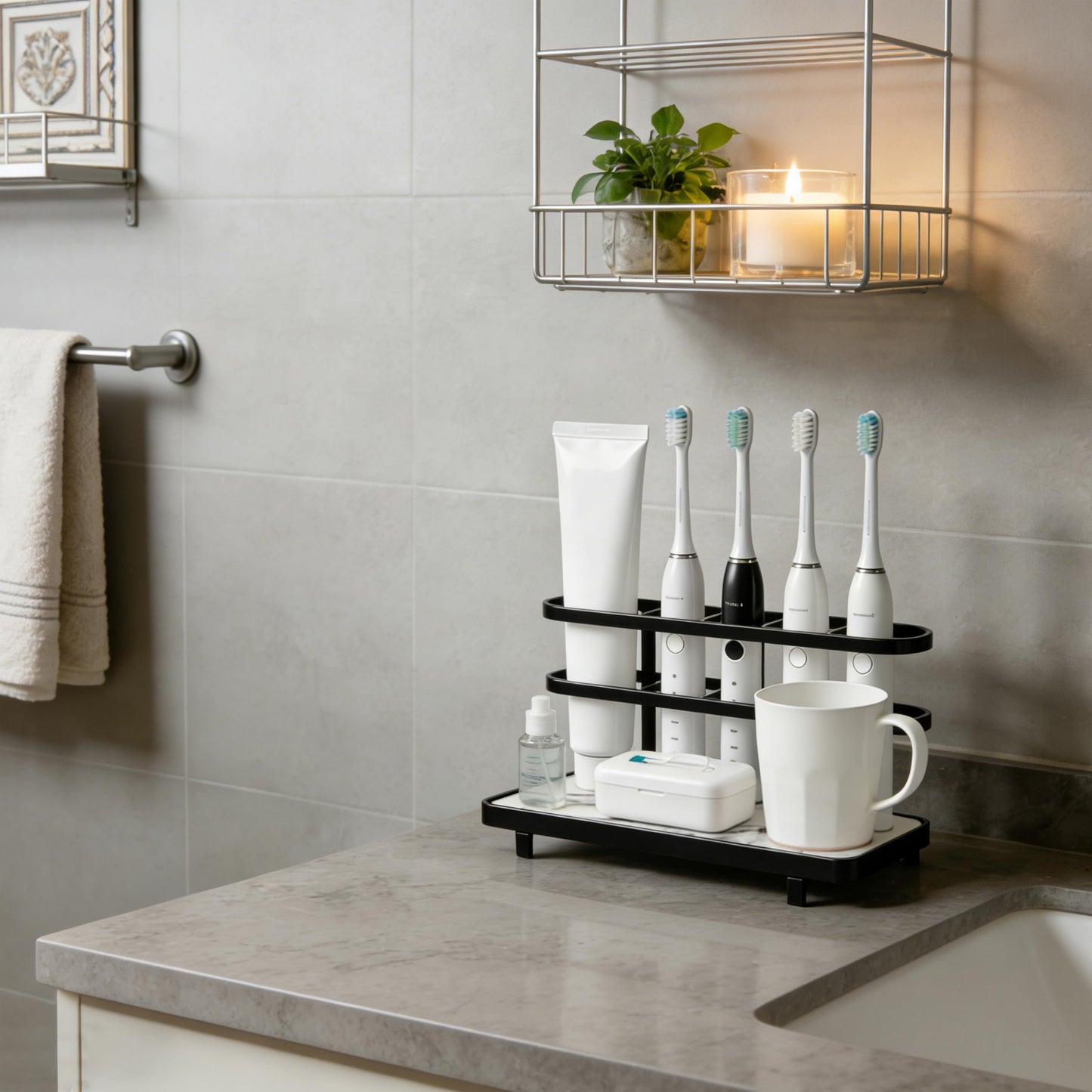 Diatomite Toothbrush Holder for Bathroom, Quick Dry Diatomaceous Earth Base, 5 Slot Electric Toothbrush Organizer for Countertop, Toothpaste Holder Bathroom Counter Organizer, Black