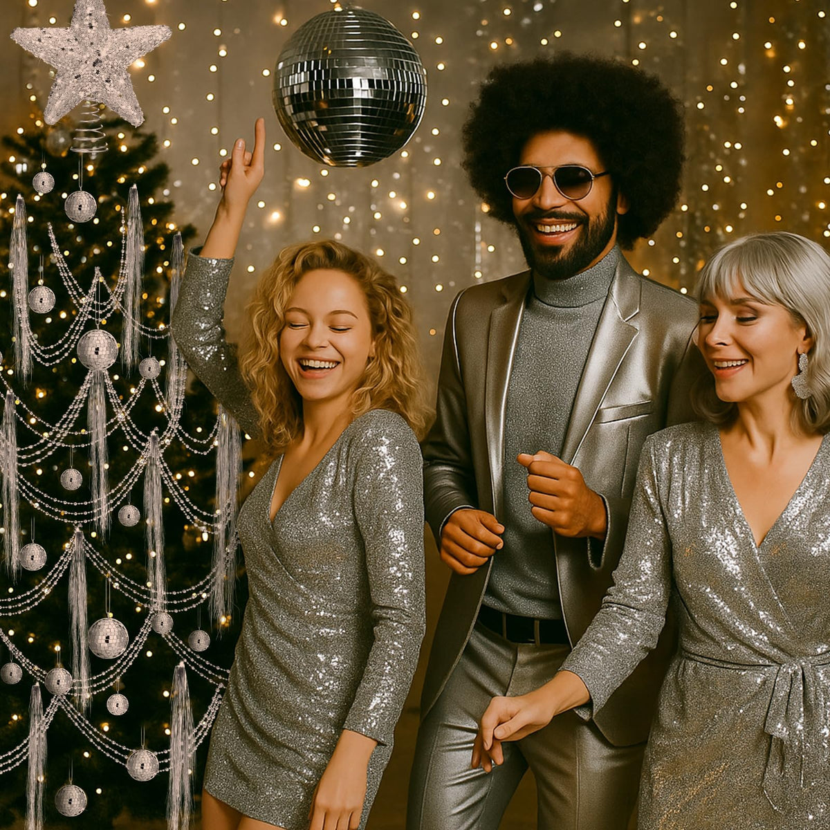 Thyle 10022 Pcs Disco Christmas Decor 20 Mirror Disco Balls 10000 Silver Tinsel Icicle Strands Glittered Star Tree Topper Ornaments 10 Meter Beaded for Christmas Party Supplies