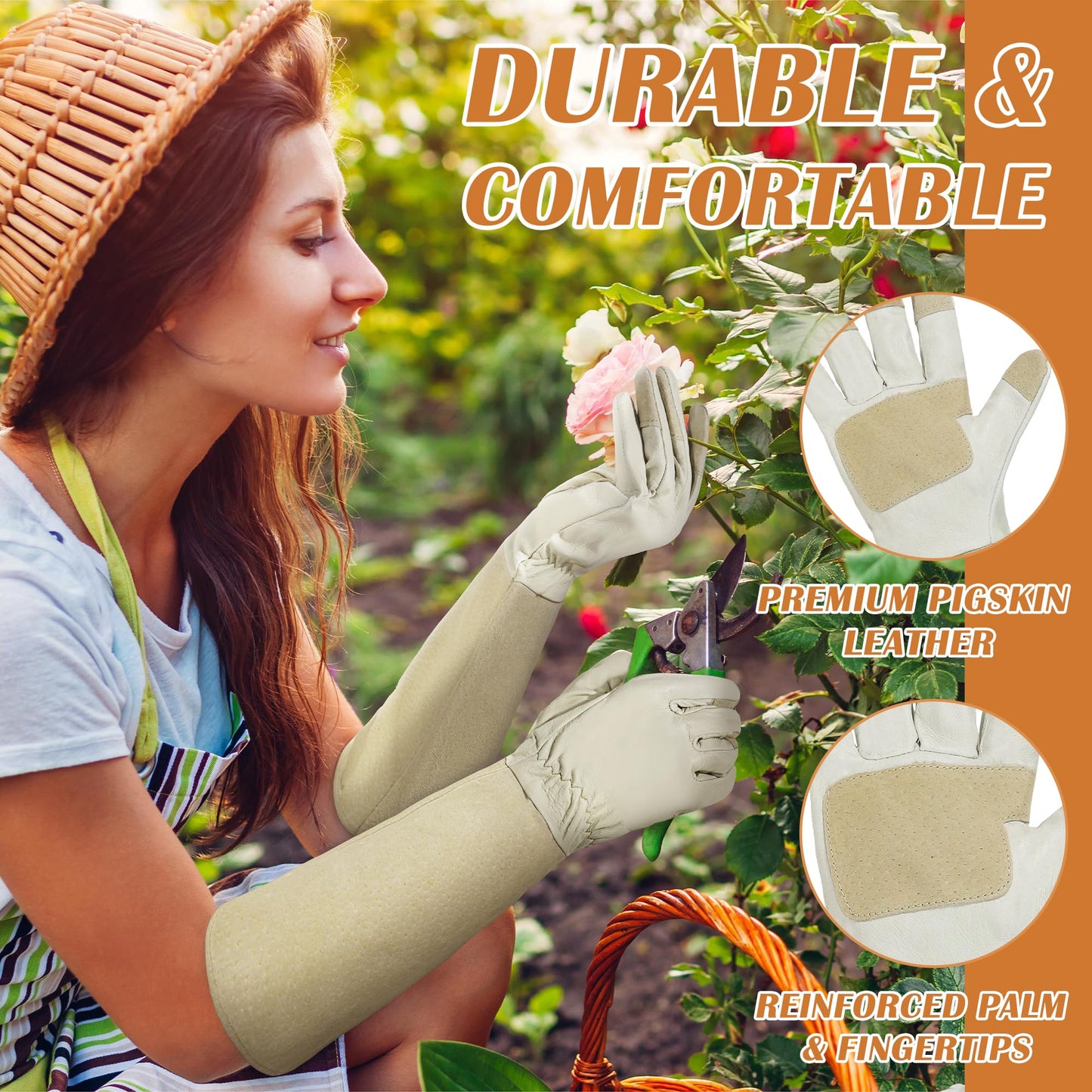 HANDLANDY Long Gardening Gloves for Men and Women, Pigskin Leather Rose Pruning Gloves- Breathable & Durability, with Thorn Proof Gauntlet