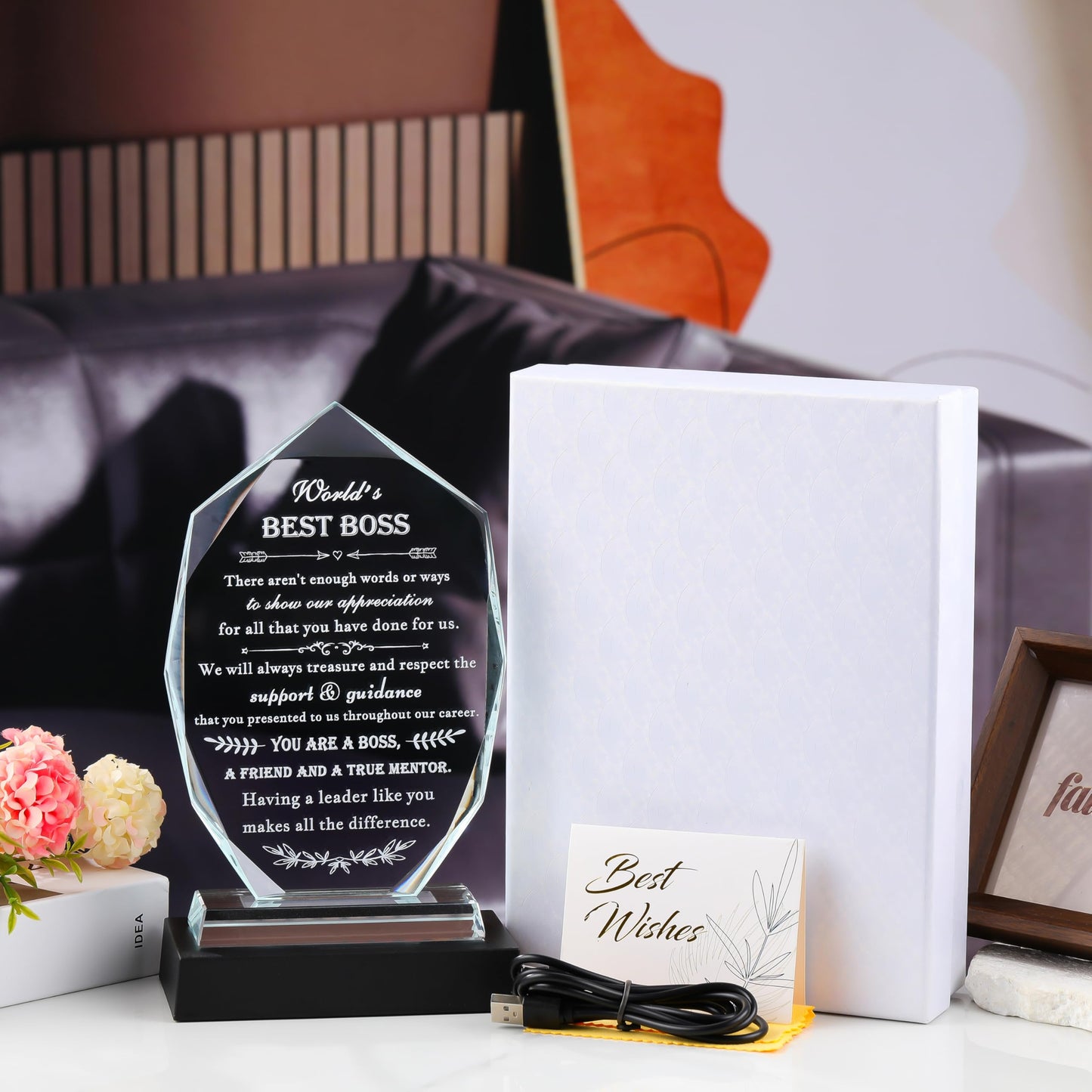 Boss Gifts for Women Men with led Light - Great Boss Day Gifts for Best Boss Appreciation Lady Desk Decoration Paperweight Present for Boss Leaving Retirement Birthday Christmas (Ice-world best boss-WITH LED)