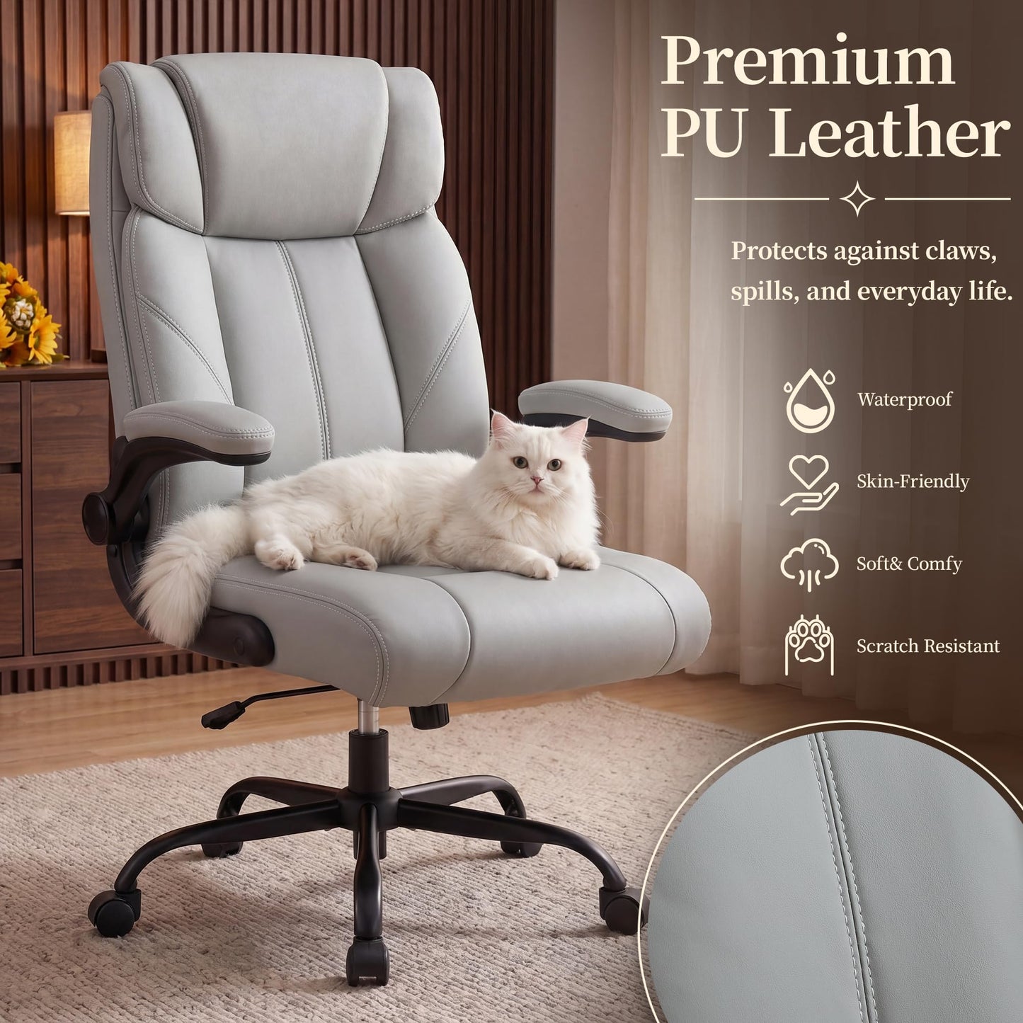 OwgeinSet Office Chair, Leather Ergonomic Computer Desk Chair with Rocking Function, High Back Executive Home Office Chair with Adjustable Flip-up Armrests, Lumbar Support, 360Β° Swivel, Elegant Grey