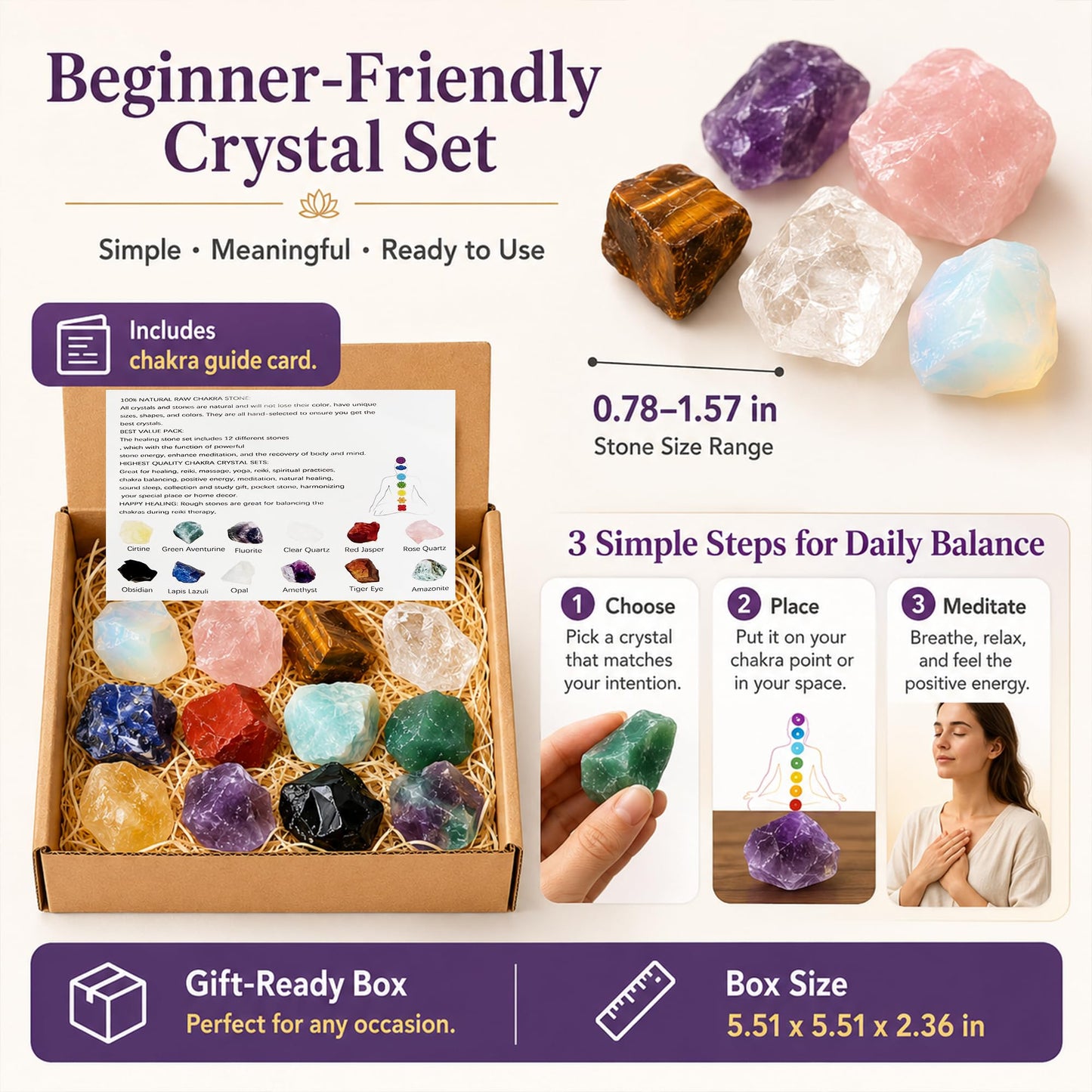12Pcs Natural Crystals and Healing Stones Kit for Chakra Balance, Reiki, Meditation, Anxiety Relief, Crystal Decor & Thoughtful Crystal Gifts (12 Piece Crystal)