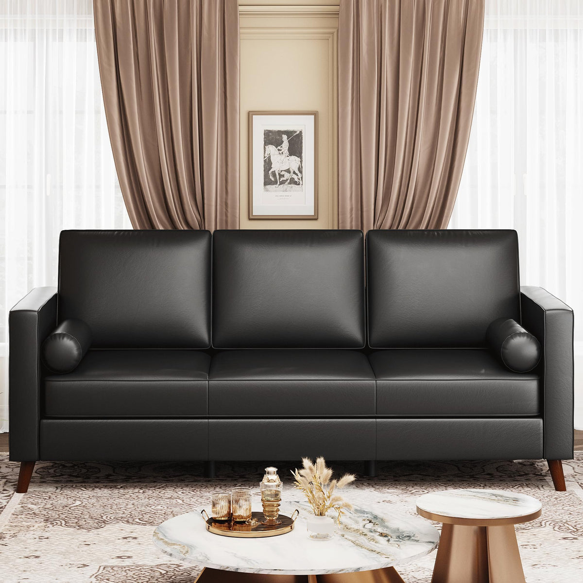 GarveeLife 86" Mid Century Modern PU Leather Sofa, 3 Seater Couch with Deep Seat & Cushions, Faux Leather Living Room Sofa for Apartment, Bedroom, Office, Black
