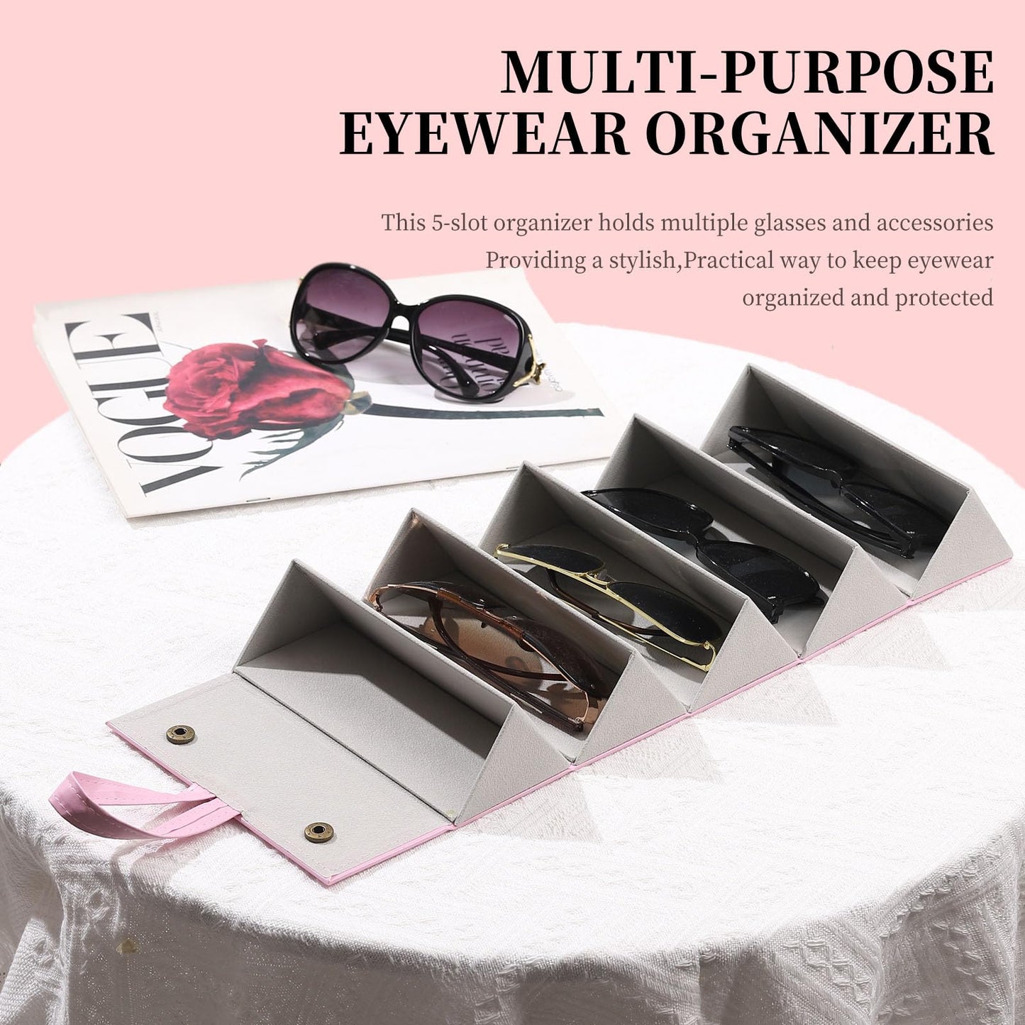 AUTOARK Foldable PU Leather Glasses Organizer with 5 Slots,Hanging & Portable Sunglass Eyewear Storage Case for Men Women,Pink,MKAW254