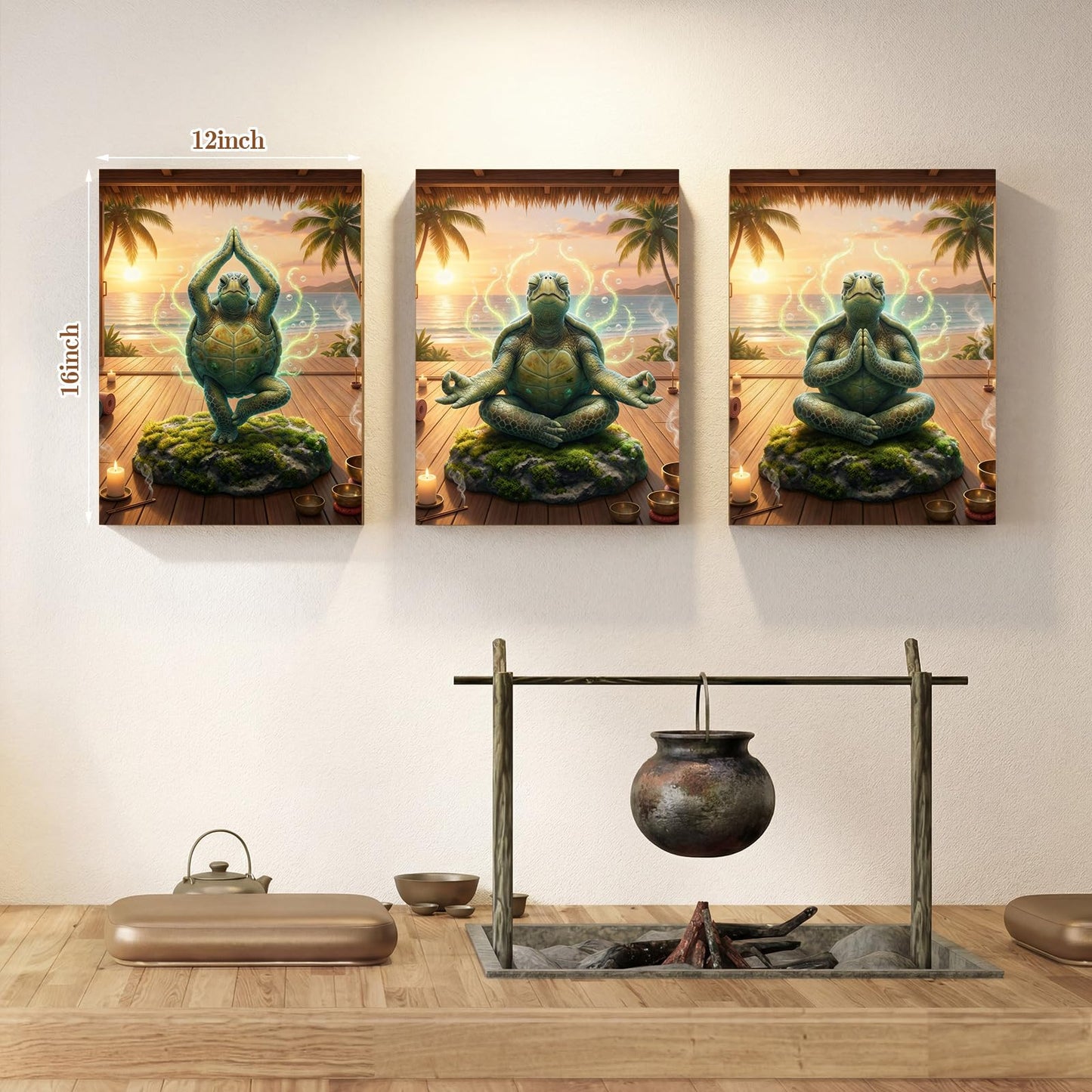 Yalikop 3 Pcs Sea Turtle Meditation Zen Wall Art, 12x16 Inch Calming Wall Decor, Yoga Turtle Canvas Painting Meditation Poster Print for Living Room Yoga Bedroom Hotel Framed Office Decoration
