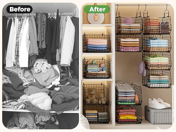 4" Extra Deeper Hanging Closet Organizers and Storage, 4 Tier Foldable Wire