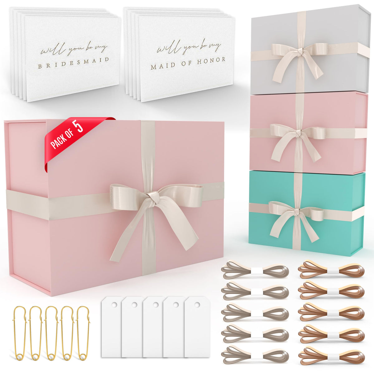 iPassion Gift Box Set - Bridesmaids Gifts for Wedding (5 Pack - Blush Pink), All Occasions, Bridesmaid Proposal, Magnetic Boxes With Lids, Big Set For Bridal, 13.5 x 9 x 4.5 inches, Pink GiftBox