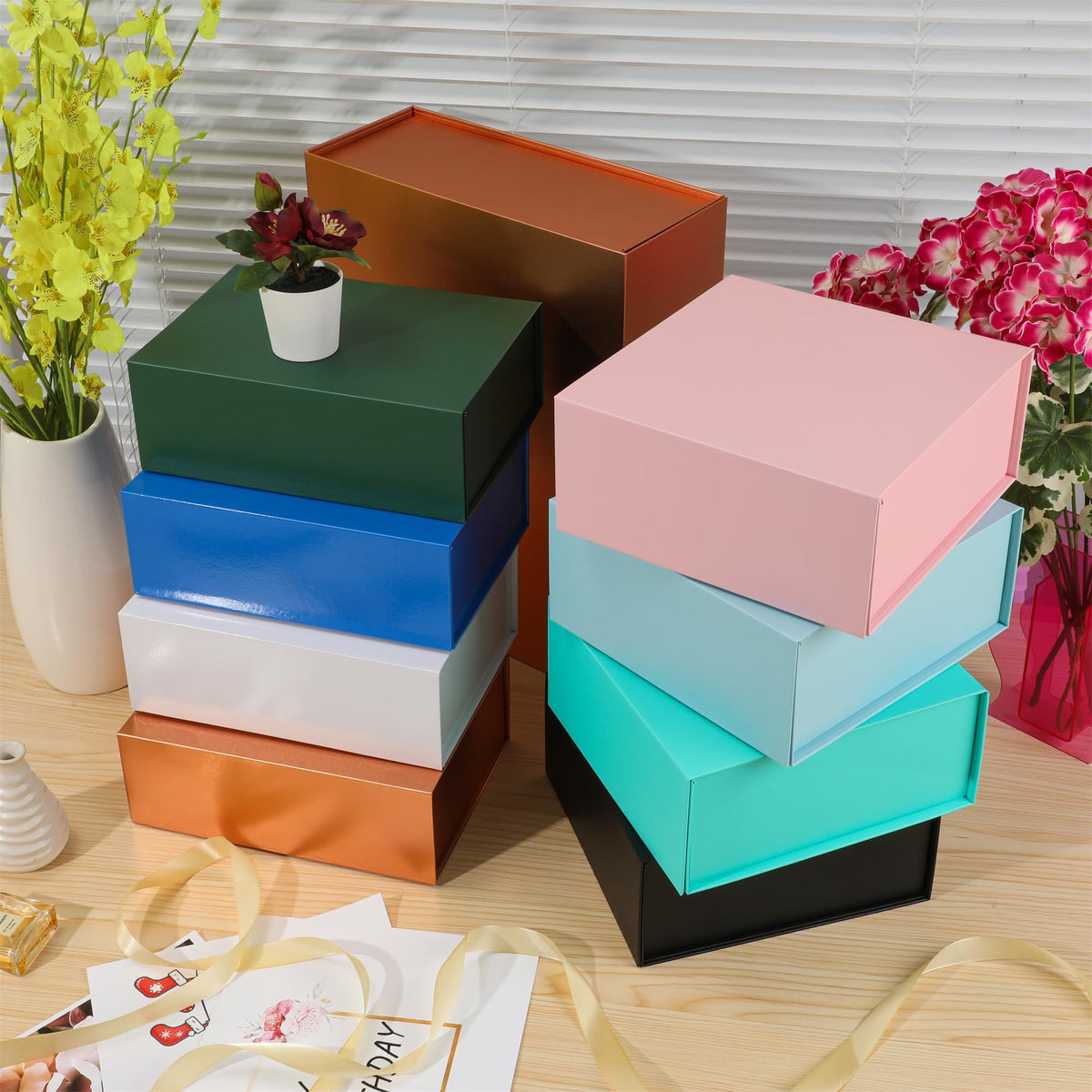 MUMUPACK 6 Pack Black Gift Boxes With Lids,12x8x4.5 Inch Bridesmaid Proposal Box And Printable Stickers,Proposal Boxes With Ribbon For Wedding, Packaging, Present, Birthday