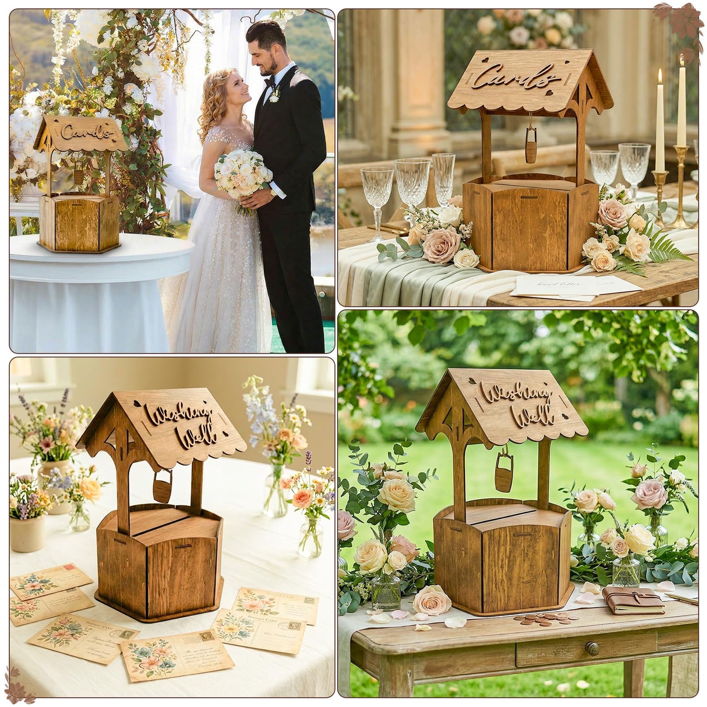 OurWarm Brown Wood Wishing Well Wedding Card Box for Reception, Rustic Wooden Boxes Money Gift Card Box for Party Wedding Decorations Birthday & Baby Shower Decor