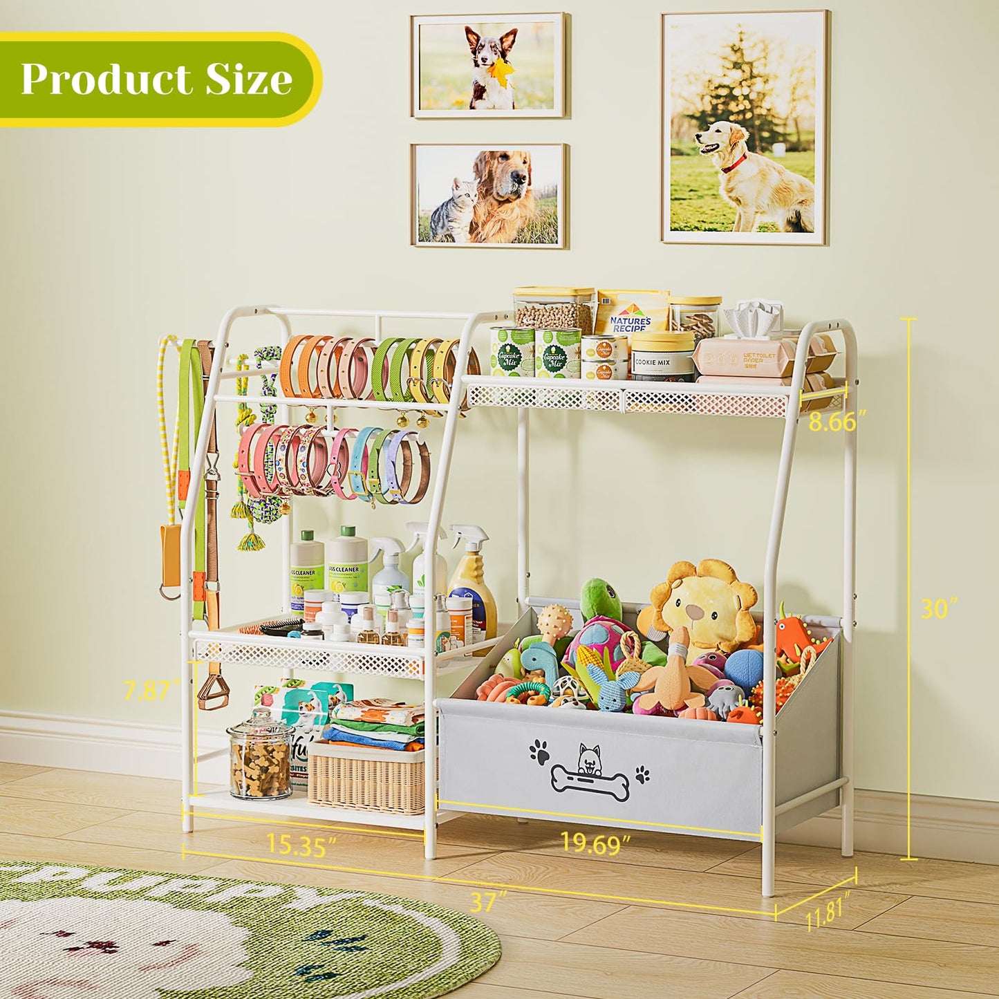 Large Dog Toy Basket with Dog Storage Organizer, Trapezoid Dogs Toy Bin Box with Collar Leash Holder Hook, Toy Holder Chest Pet Storage Cabinet for Living Room, Dogs Essentials for Pet Lovers Gift
