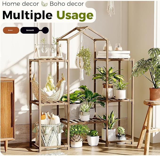 Bamworld Plant Stand Indoor Hanging Plant Shelf Outdoor Large Plant Rack for Multiple Plants Boho Home Decor Plant Gift for Mom Woman