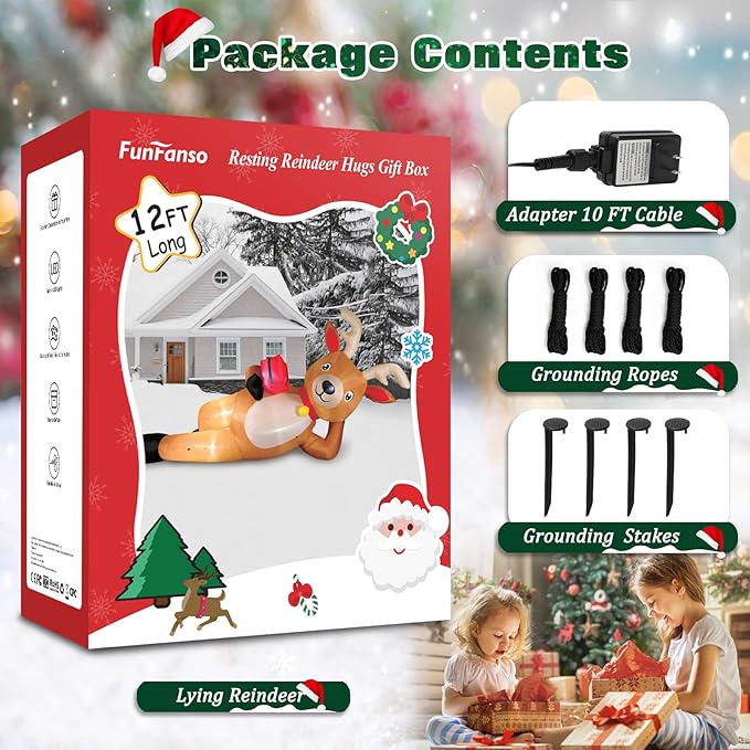 12 FT Giant Christmas Inflatable Reindeer Outdoor Decorations, Large Blow Up Reindeer with Gift Box Decor, Built-in LED Lights, Rapidly Inflate for Yard Lawn Party Holiday Garden Xmas Decorations