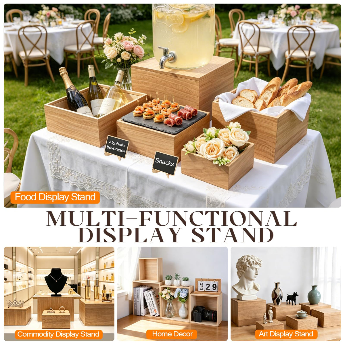 Gleom 9 Pcs Extra Large 12" Wooden Buffet Risers Set with Mini Sign Food Risers for Buffet Table Multi Size Cake Display Stands for Party Wedding Dessert Jewelry Home Decor
