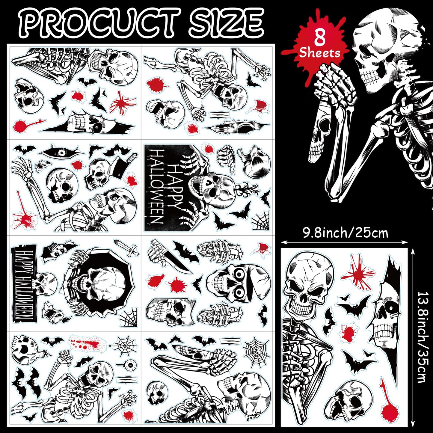 NEWMIAO Halloween Window Stickers, 8 Sheets Halloween Skeleton Window Clings Decals for Party Decorations, Scary Hallowmas Stickers Glass Window Home Decor for Indoor Outdoor Party Supplies