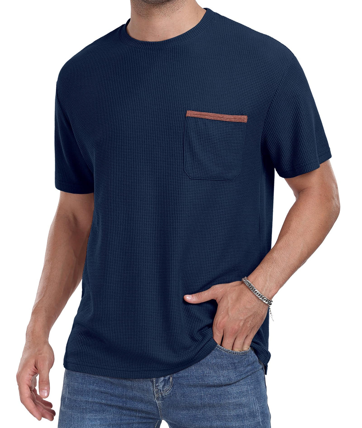 NUOKESASI Mens Casual T-Shirt Short Sleeve Crew Neck Soft Tee Shirts Summer Beach Waffle Textured Tops with Pocket Navy Blue-M