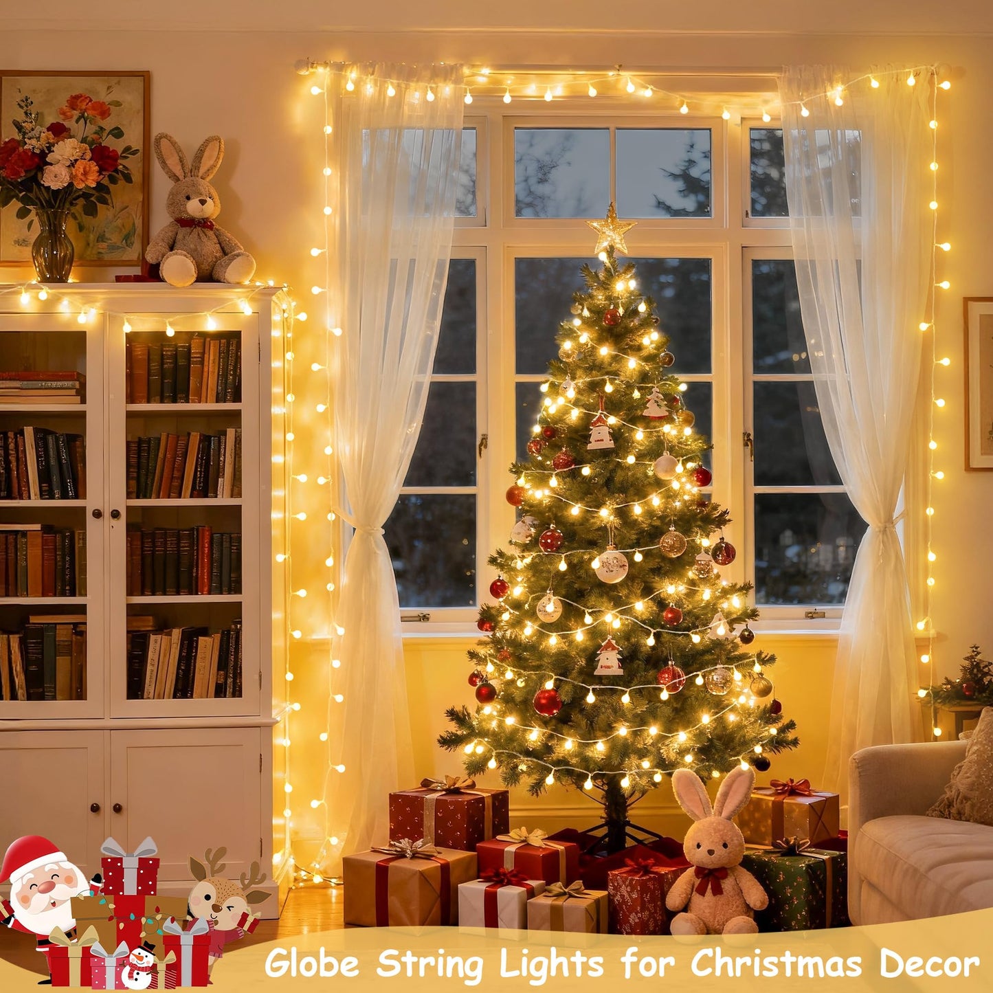 JMEXSUSS 100 LED Connectable Globe String Lights Indoor Bedroom, 33ft Warm White Christmas Lights Plug in with Remote, 8 Mode Hanging Fairy Lights Outdoor for Room Classroom Party Tree Christmas Decor